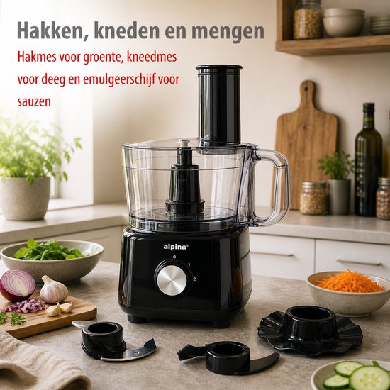 Robot ménager 3-en-1 Alpina : robot de cuisine, mixeur et machine à smoothies - Robot ménager multifonction - Coupe-légumes - Hachoir - 2 L - Sans BPA - Lavable au lave-vaisselle - FP413GS - Noir