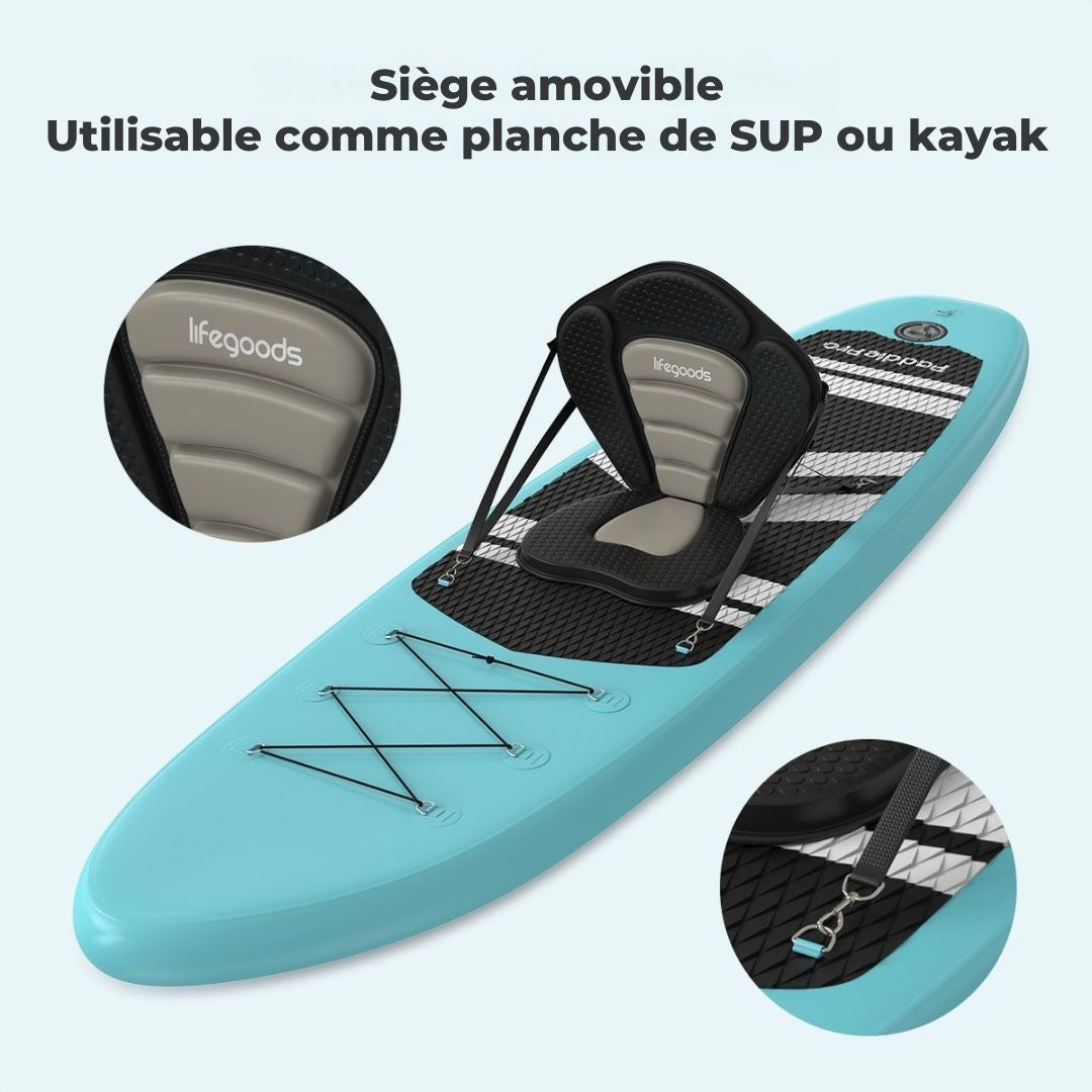 Paddle LifeGoods SUP Board - avec siège - Set complet - Max. 135KG - 320x81cm - Vert menthe/Noir