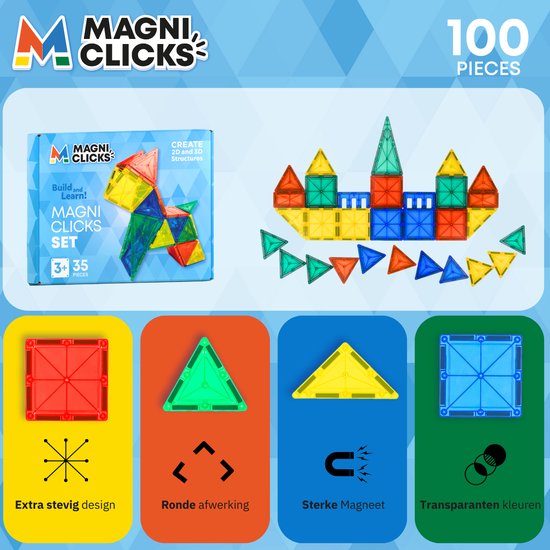 MagniClicks Magnetic Tiles 35 pieces - Jouets magnétiques - Montessori - Tuiles magnétiques - Blocs de construction