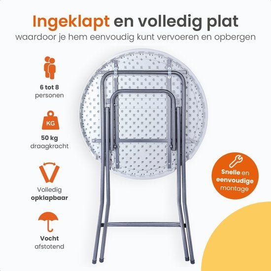 Goliving Bartable Table - Housse de table incluse - Jupe de table - Pliable - Table de fête robuste - Pour l'intérieur et l'extérieur - Capacité 50kg - Ø80 x 110 cm - 8,5 kg - Blanc