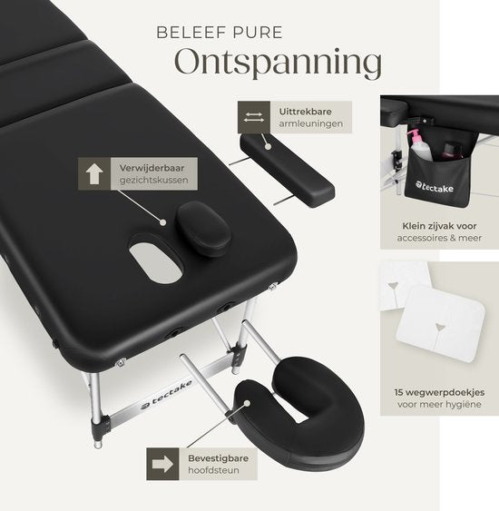 tectake® Table de massage à 3 zones - 70cm de large - Banc de traitement avec rembourrage de 5cm d'épaisseur et cadre en aluminium - 15 lingettes pour appui-tête et sac de transport inclus - Capacité de charge maximale de 230kg - Noir
