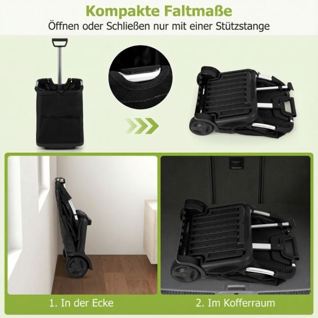 Coast Shopping Trolley Black - Chariot pliable de 50 litres avec 3 compartiments et poignée réglable - 40 x 36 x 58/90 cm
