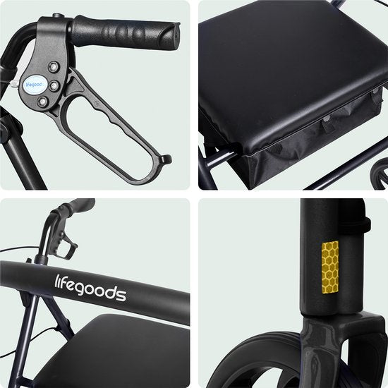 Rollator LifeGoods Basic : léger et pliable (8,7 kg) - Avec siège et dossier – Pour l'intérieur et l'extérieur – Hauteur réglable - Capacité de charge jusqu'à 136 kg – Noir