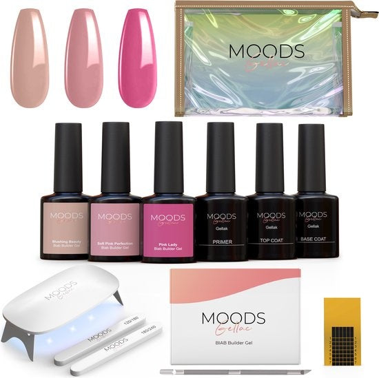 Moods Gellac BIAB Starter Pack - Nude Pink - Builder in a Bottle - Vernis à ongles BIAB - Comprend une lampe UV/LED, un bâton, une lime à ongles, un primer, une base et un top coat.