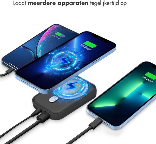 Batterie externe - imoshion - 10000 mAh - Adapté à MagSafe - Chargeur rapide 22.5W - USB C & USB A - Powerbank sans fil adapté à l'iPhone 12/13/14/15/16 - Noir