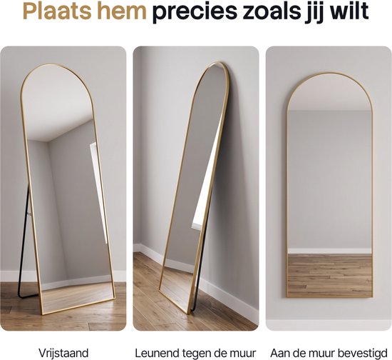 Miroir Infinity Goods - 160 x 60 cm - Miroir mural design - Miroir sur pied avec cadre métallique - À suspendre - Miroir de dressing - Forme arrondie - Moderne - Doré