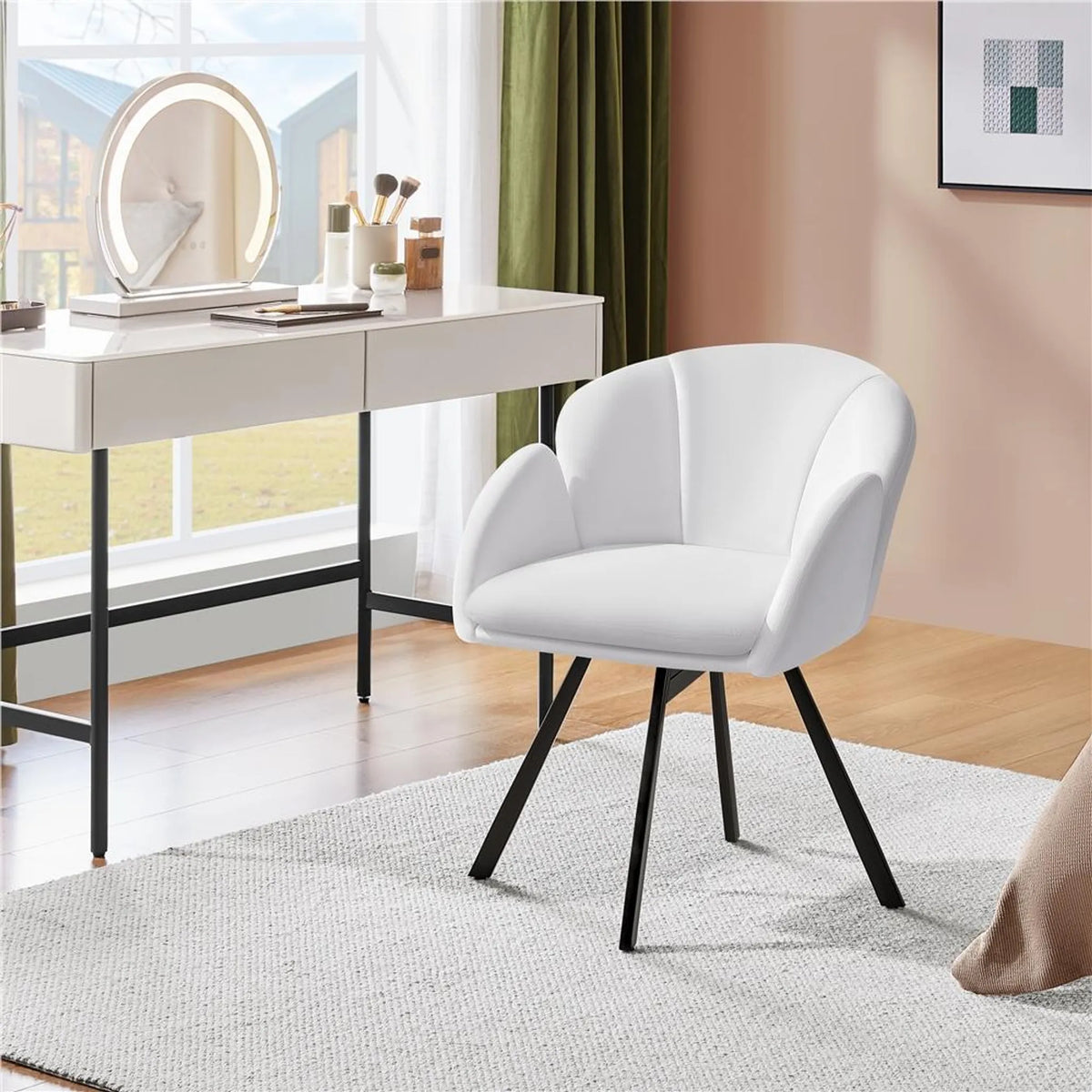 Yaheetech Swivel Chair Floral - Mécanisme de pivotement à 360°, coussin d'assise amovible et base en métal en forme de X - Pour chambre et bureau à domicile - Bouclé blanc et métal - 57 x 61 x 75 cm