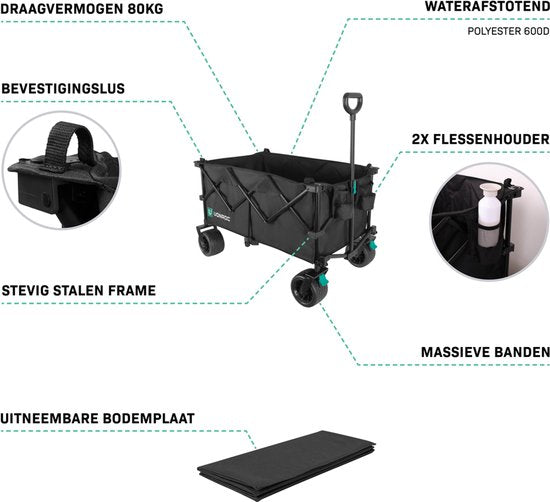 VONROC Bolderkar XL - Pliable - Capacité de charge 80 kg - Capacité 200l - Modèle extra spacieux - Roues solides anti-fuites - Cadre en acier robuste - Polyester 600D - Noir