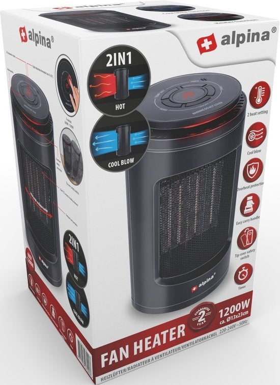 alpina Réchaud électrique - Chauffage - Portable et compact - Air chaud et froid - Minuterie - Thermostat digital - Noir