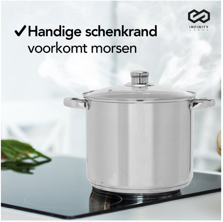 Infinity Goods Faitout - Couvercle en verre - 16.5L - 30 CM - Induction Gaz Céramique - Lavable au lave-vaisselle - acier inoxydable
