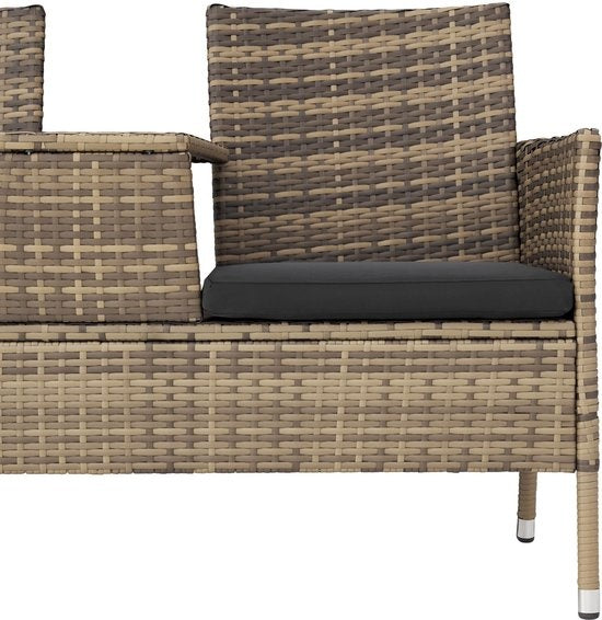 Banc de jardin en osier avec table, Tectake, banc 2 places, 131x61x82 cm, balcon et terrasse, Avec coussin d'assise, naturel/gris foncé, poly-rotin