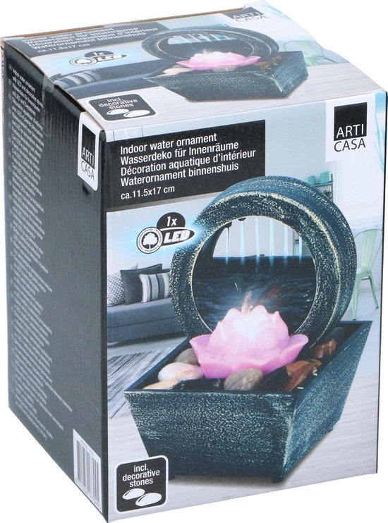 Arti Casa Fontaine de table Fleur de lotus - Ornement d'eau d'intérieur avec lumière LED - Effet positif - Fontaine d'intérieur avec jeu de galets - 11,5 x 17 cm