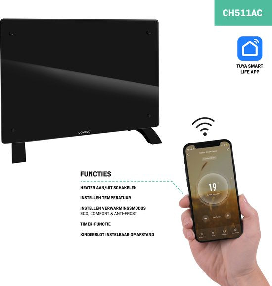 Chauffage électrique - VONROC  - Convecteur avec panneau en verre - 750W/1500W - Chauffe les pièces jusqu'à 18m2 - Contrôlé par l'application (via Wifi) et manuellement - Thermostat et minuterie réglables - Noir