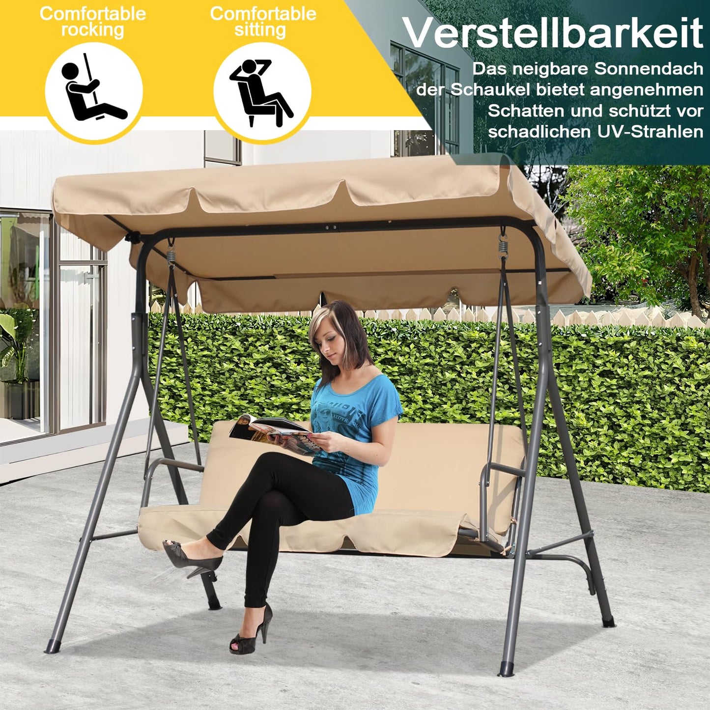 Balançoire de jardin Angel Living Hollywood 3 places avec pare-soleil - beige - env. 170 x 110 x 152 cm
