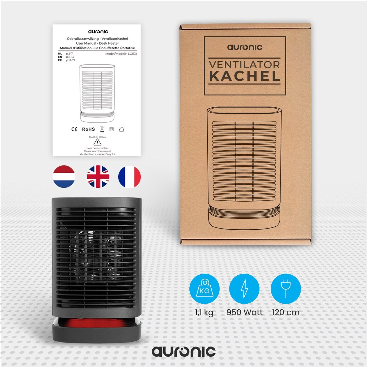 Chauffage à ventilation - Auronic - 3 niveaux - 950W - Indication LED - Rotatif - Noir