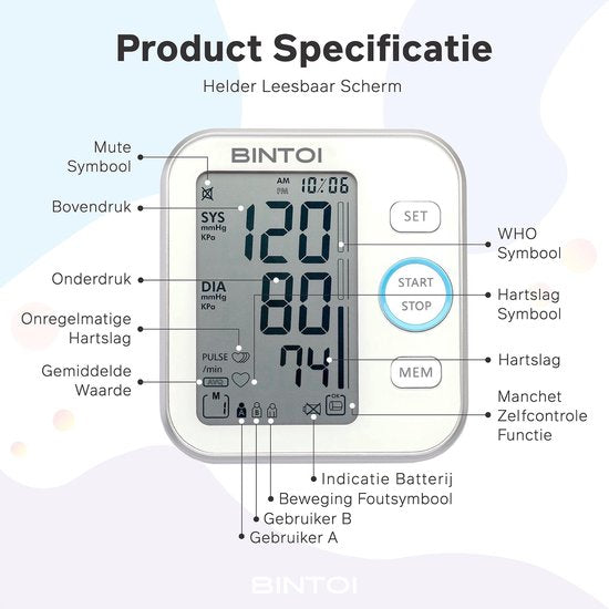 Bintoi® BX200 - Tensiomètre pour le bras - Cardiofréquencemètre - Sac de rangement et piles inclus - 2 utilisateurs