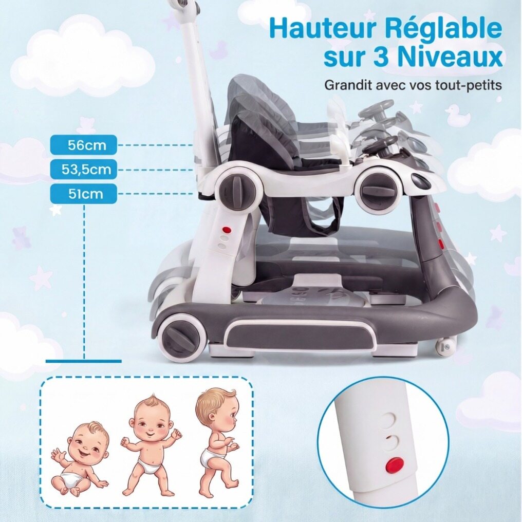 Coast 6-in-1 Trotteur pour bébé - Centre d'activités - Réglable - Musique - Eclairage - Balançoire - Gris