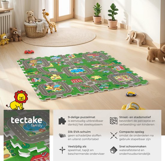 tectake® - Tapis de jeu - tapis de jeu en mousse - Tapis de jeu bébé - Ville et routes - 90 x 90 cm - Tapis puzzle 9 pièces - Antidérapant - Absorbe le bruit et résiste à l'humidité