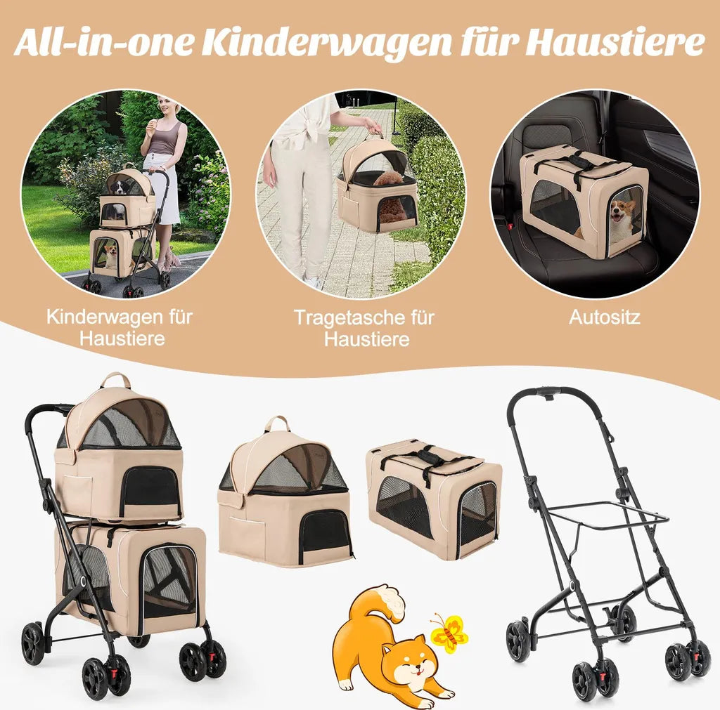 Poussette pour chien Coast 3-en-1 - Beige - Pliable - 53 x 84 x 105 cm