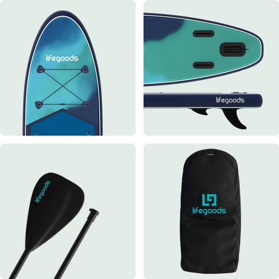 Planche de SUP LifeGoods Allround Compact - avec siège - capacité de charge de 100 kg - 300 x 76 cm - gonflable - kit SUP complet - bleu/vert