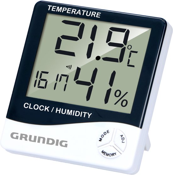 Station météo numérique Grundig - Thermomètre intérieur et extérieur avec hygromètre - Station météo intérieure et extérieure avec horloge et alarme - Affichage LCD - 9,5 x 10,5 x 2 cm - Blanc/Noir