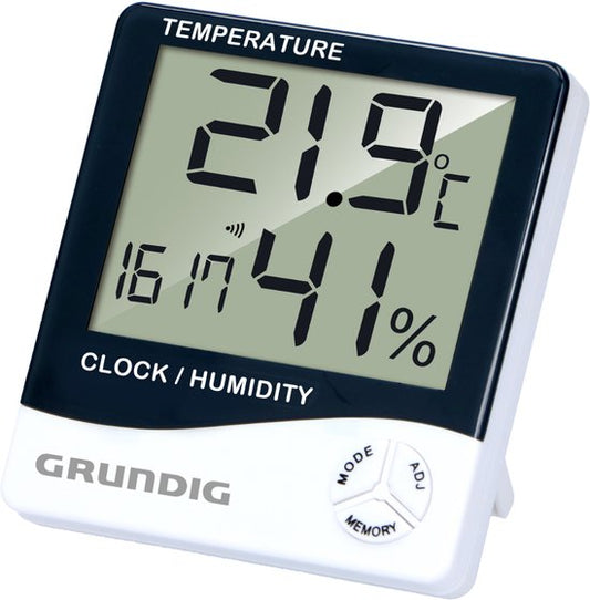 Station météo numérique Grundig - Thermomètre intérieur et extérieur avec hygromètre - Station météo intérieure et extérieure avec horloge et alarme - Affichage LCD - 9,5 x 10,5 x 2 cm - Blanc/Noir