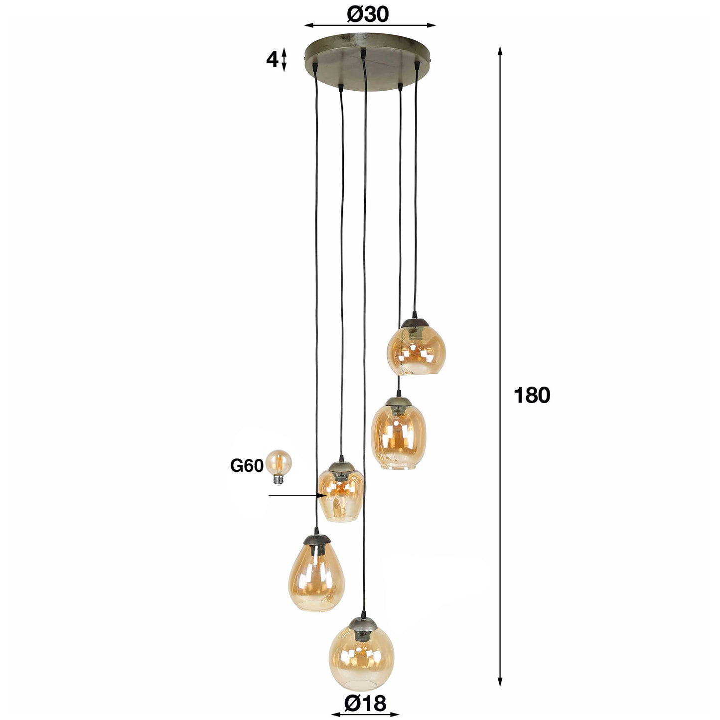 Bemade Furniture Lampe suspendue 5L stepped mix / Verre ambré