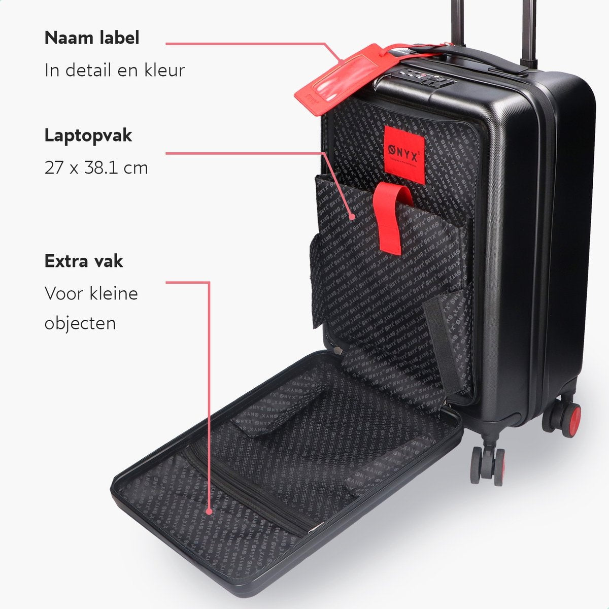 ONYX® - Bagage à main 35 L - Roues spinner - Trolley léger - Double serrure TSA - Poche avant pratique - 55 cm - Noir