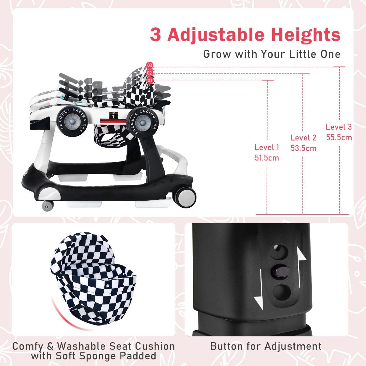 Poussette 4-en-1 avec hauteur et vitesse réglables Chariot pour bébé avec patins antidérapants Poussette pliable Noir/jaune/bleu/gris/blanc/rouge
