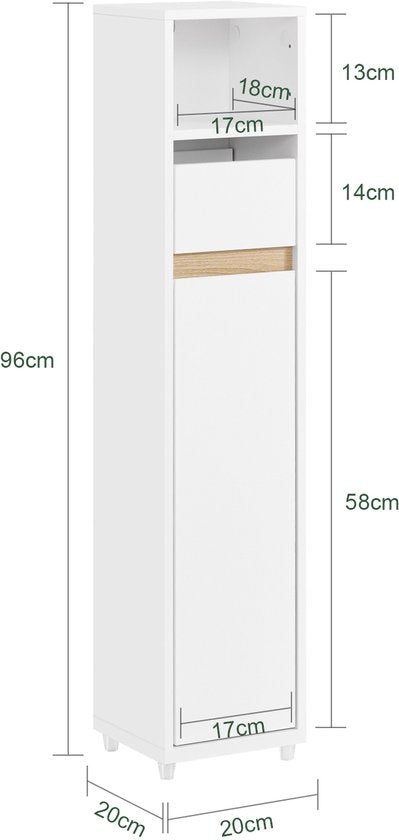 SoBuy BZR151-W Armoire de toilette pour espaces étroits, armoire de rangement compacte avec étagère et tiroir réglables, pour salle de bain, armoire de toilette en bois, blanc, 20 x 20 x 96 cm