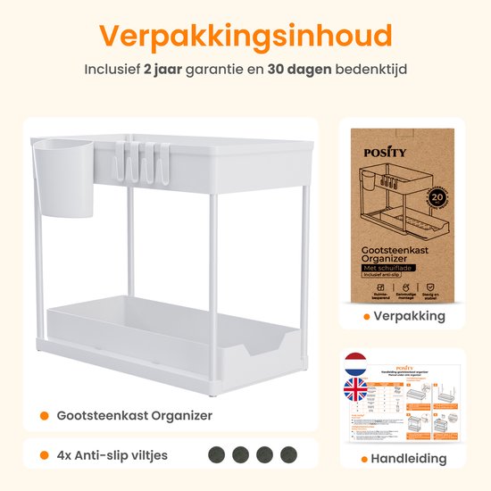 Posity Sink Cabinet Organizer - Kitchen Cabinet Organizer - Sliding Drawer - Cabinet Organizer - Bathroom Organizer - Countertop Organizer - 1 Pull-out Drawer - White