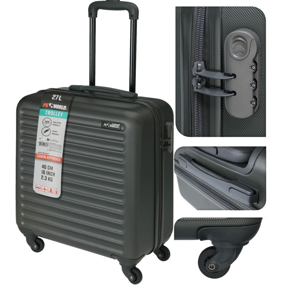 Valise cabine ProWorld 16 pouces - Anthracite - 26 litres - 4 roulettes pivotantes - Serrure à combinaison - 41 x 22 x 47 cm