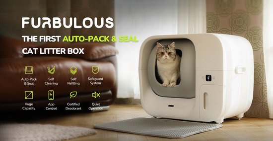 Litière automatique Furbulous avec contrôle via application, grande litière sécurisée de 60 L pour plusieurs chats avec système anti-odeurs, blanche - Litière 2,4 GHz avec fonction « Pack & Seal », autonettoyante et rechargeable, grande capacité, applicat