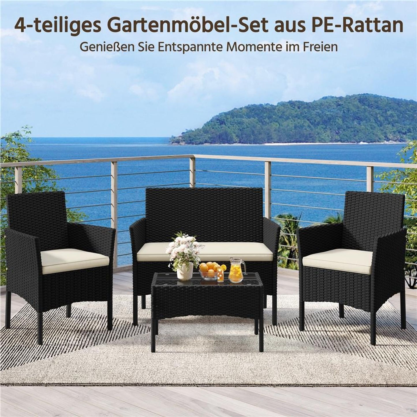 Ensemble de salon Yaheetech en rotin, 4 pièces - Table, 2 chaises et canapé 2 places - Coussins résistants aux intempéries - Noir et beige - 106 x 58 x 80 cm