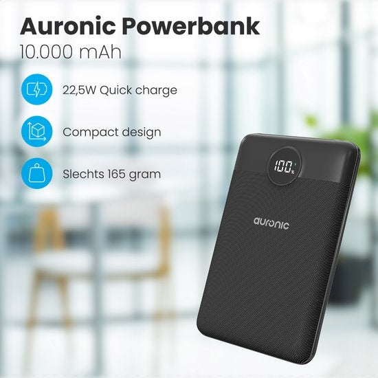 Auronic Powerbank - Chargeur rapide iPhone et Samsung - 10 000 mAh - 22,5W - 2 ports de charge - Chargement rapide via USB-A et USB-C - Noir