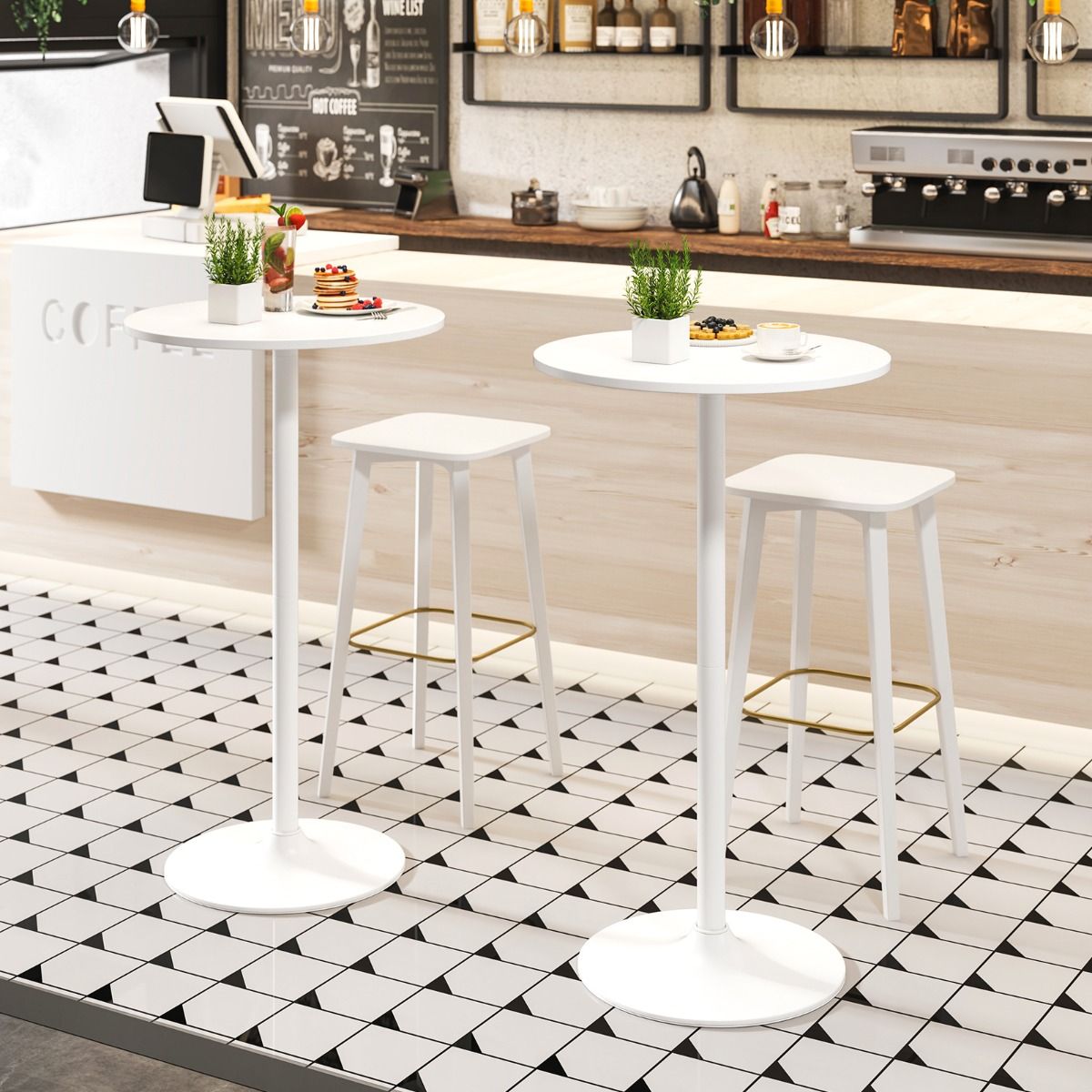 Table de bar et table à manger ronde Coast - Réglable en hauteur - 2-en-1 - Blanche - Lot de 2