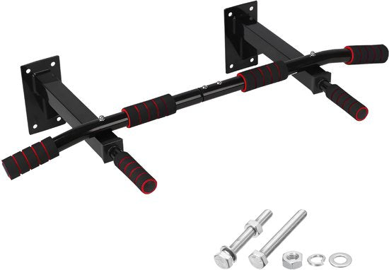 TTD® Premium Pull Up Bar - Pull Up Station - Wall Mount Pull Up Bar - Dip Station - Dip Bars - Home Sports - Home Fitness - Premium materials - Extra sturdy mounting parts - Home workout - Black/Red
