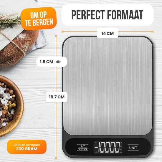 Balance de Cuisine Digitale Strex - Balance de Cuisine - 1 g à 10 kg - Fonction Tare - Piles Incluses - Inox/Noir