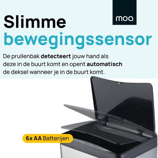 MOA Sensor Waste Bin - 50 litres - acier inoxydable & ABS durable - Antidérapant - Couvercle silencieux - Mode de fermeture différée - Inox - SB02S