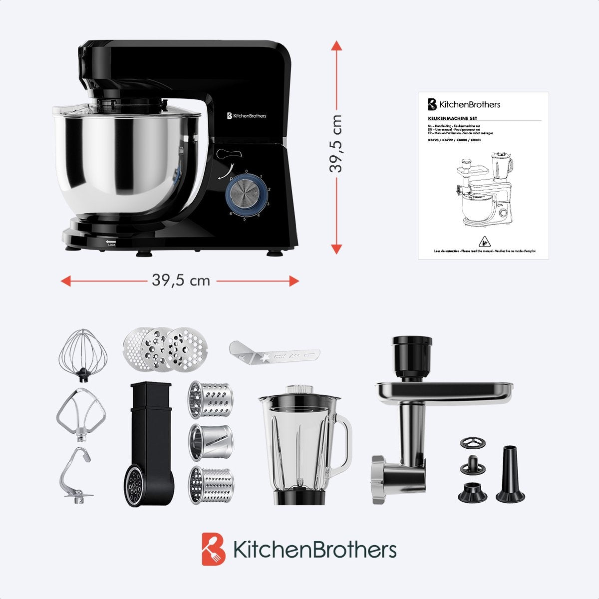 Robot de cuisine KitchenBrothers - Set complet - 15 accessoires - 6L - 1500W - Noir