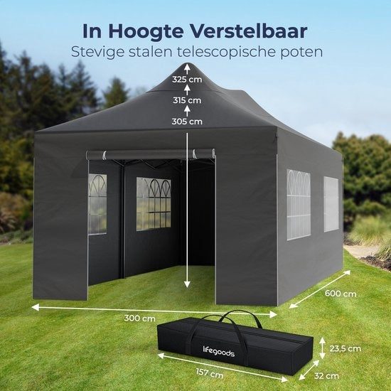 LifeGoods Tente de réception - 3x6 m - Parois latérales - Montage facile - Anthracite