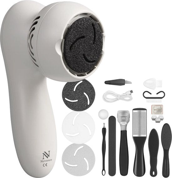Appareil électrique Nuvance pour éliminer les callosités - 3 disques inclus - Appareils pour éliminer les callosités - Kit de pédicure 12 pièces - Lime à pieds - Rechargeable par USB - Blanc
