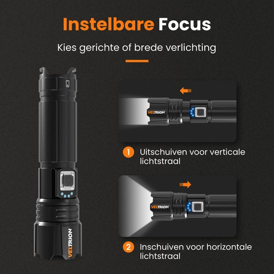 Lampe de poche LED rechargeable Veltrion - Accessoires gratuits - Lampe de poche militaire - 6 000 lumens - Batterie 26650 - 5 modes - Fonction batterie externe - Lampe de poche à piles - Kit d'urgence