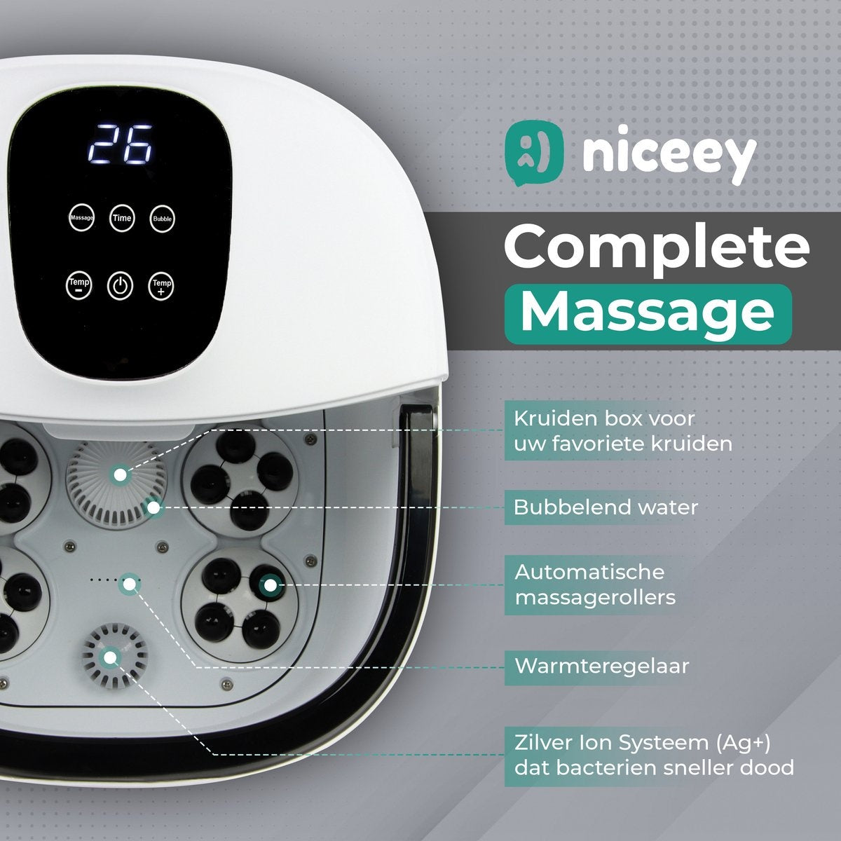 Niceey Bain de pieds massant 3XL - avec rouleaux automatiques - blanc