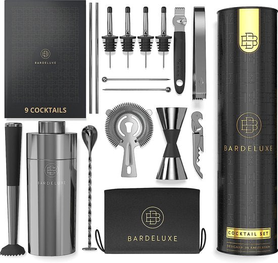 Set cocktail, 17 pièces, set bartender, set cocktail mixer, 750ml cocktail shaker stainless steel, cocktail shaker set, bartender set, luxury cocktail gift set, bag & recipe book (black)