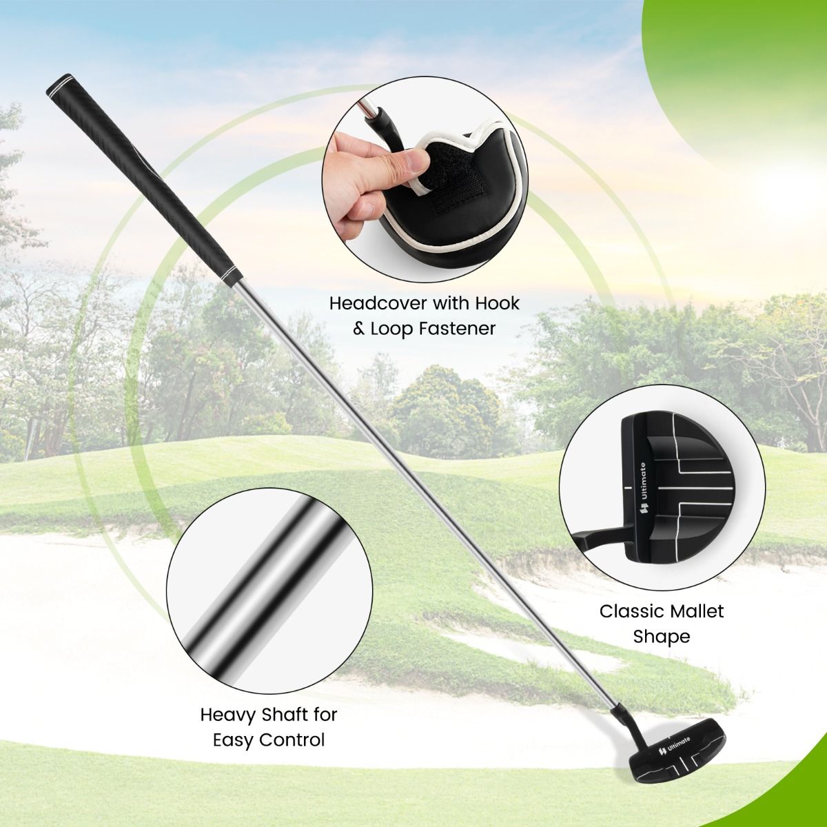 Putter de golf Coast - tête de type maillet - poignée antidérapante - 89 cm - noir