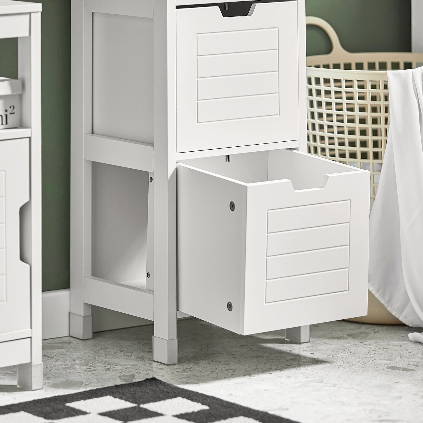 SoBuy Meuble de salle de bain haut avec repose-pieds - 2 tiroirs - acier - 30x30x144cm