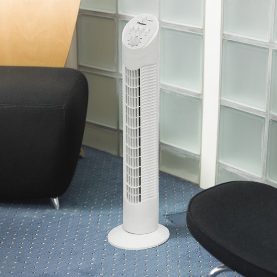 Bestron Ventilateur de tour, Ventilateur avec 3 vitesses et fonction de rotation de 75°, minuterie incluse, hauteur : 78 cm, 35W, AFT760W, couleur : blanc