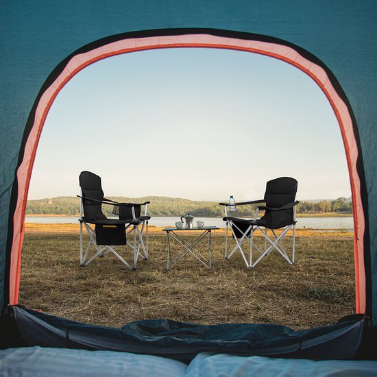 TRVLMORE Chaise de camping - Pliable - Chaise pliante confortable - Capacité de charge de 150 kg - Porte-boisson - Compartiment pour glacière - Poche latérale - Noir
