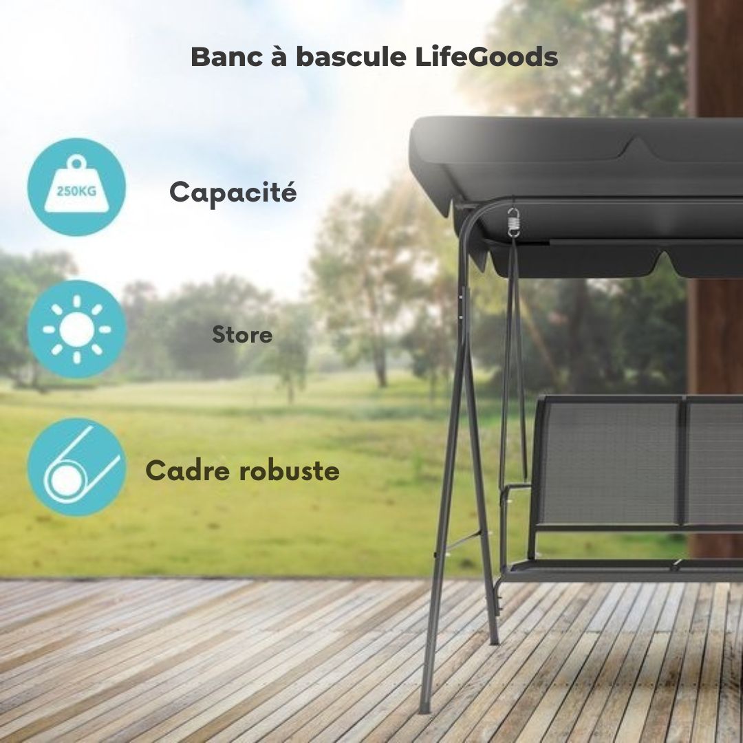 Balançoire LifeGoods - 3 places - jusqu'à 250KG - Toit inclinable - Parasol résistant aux UV - 172x104x162cm - Gris